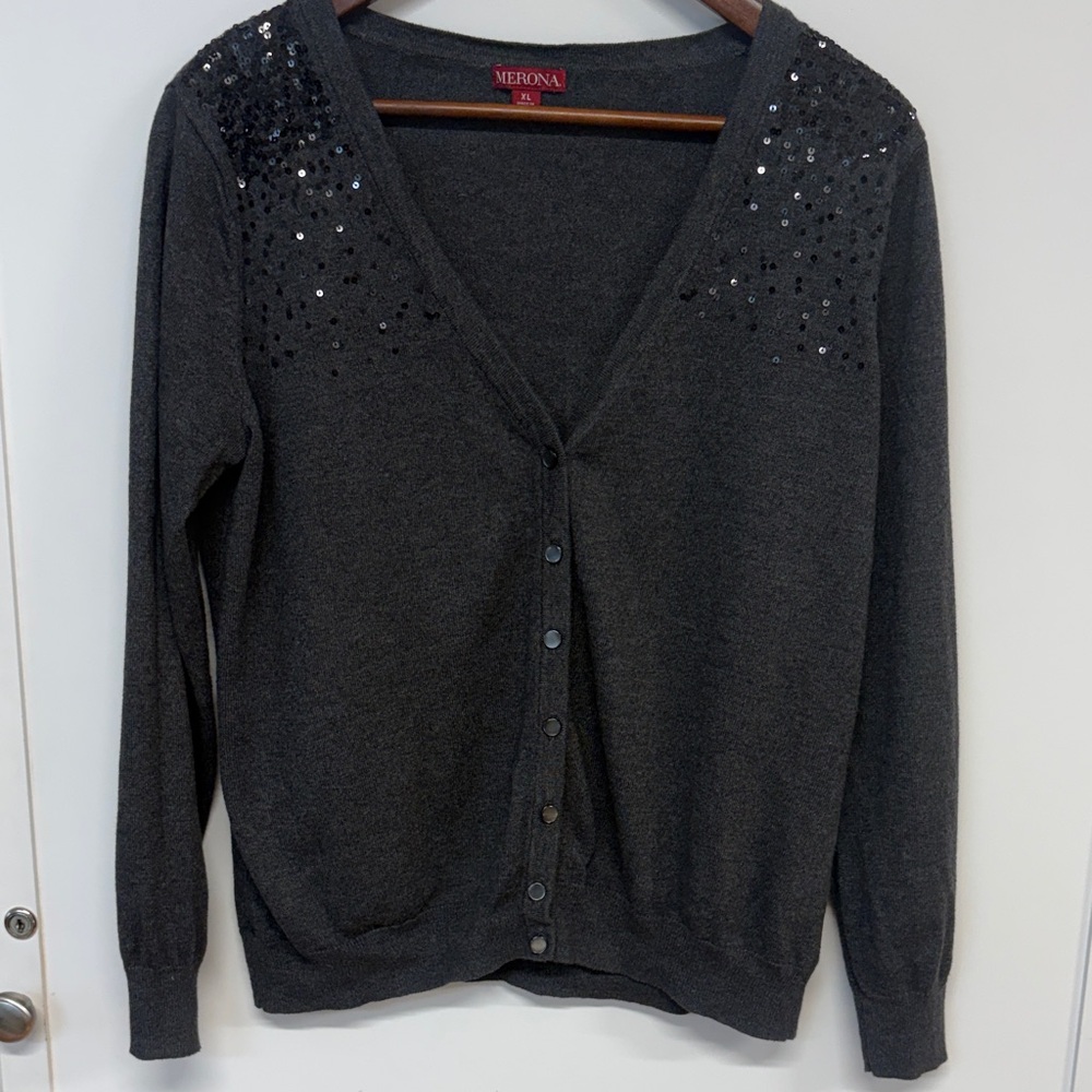 Merona Charcoal V-Neck Cardigan with Shoulder Sequins